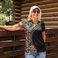 Hawaiian Hibiscus and Tropical Leaves Women Polo Shirt Patchwork Grunge Abstract and Tapa Tribal Pattern Half Style