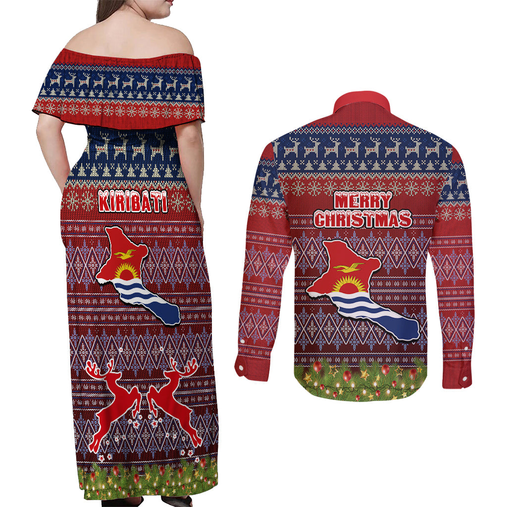 kiribati-christmas-couples-matching-off-shoulder-maxi-dress-and-long-sleeve-button-shirts-coat-of-arms-and-map-beautiful-merry-xmas-snowflake