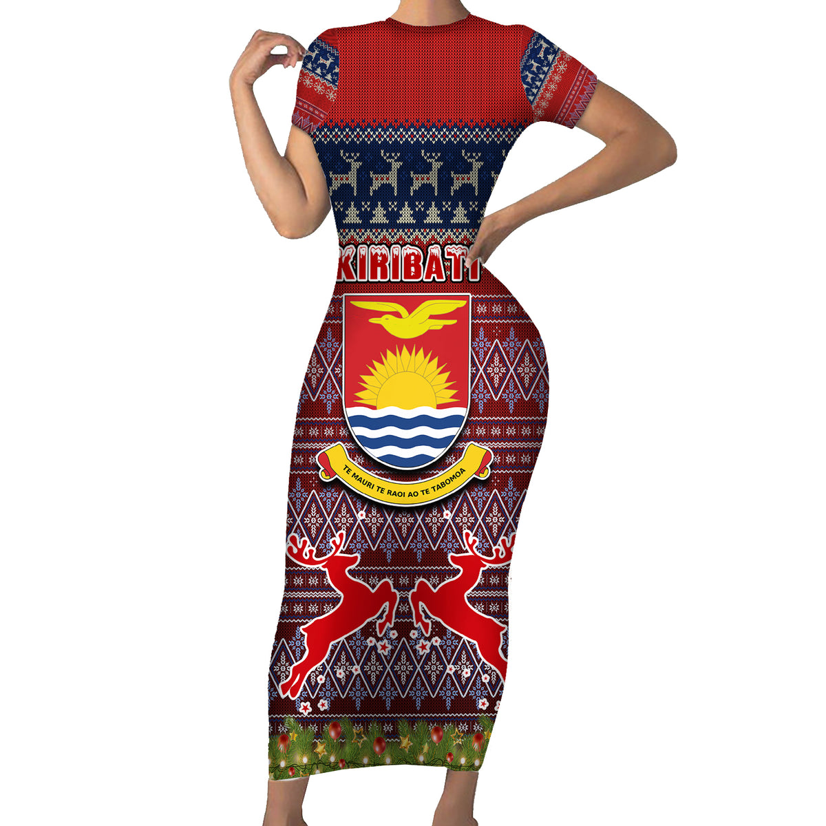 kiribati-christmas-family-matching-short-sleeve-bodycon-dress-and-hawaiian-shirt-coat-of-arms-and-map-beautiful-merry-xmas-snowflake