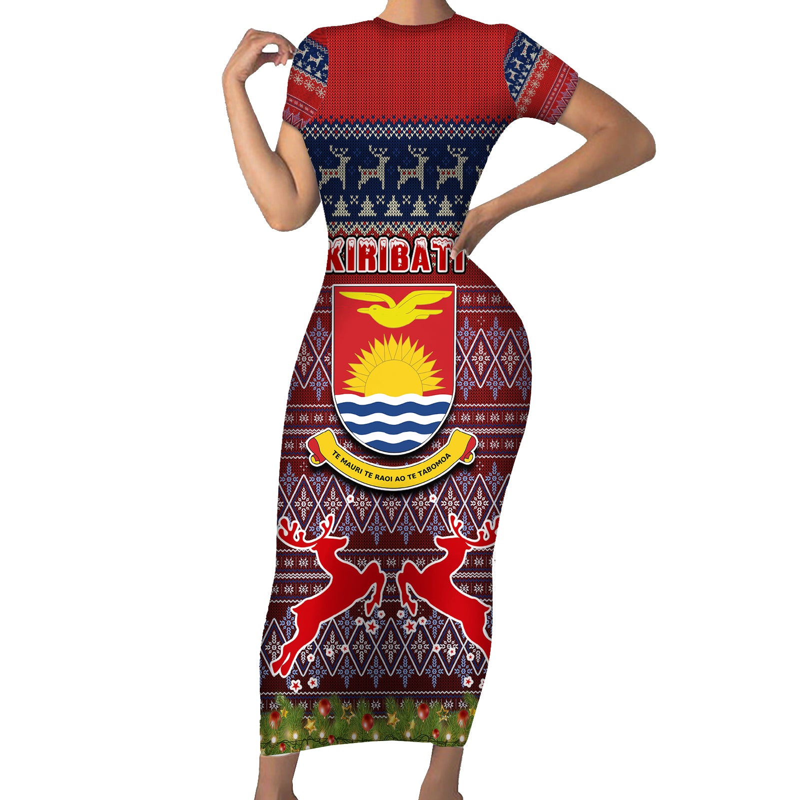 kiribati-christmas-short-sleeve-bodycon-dress-coat-of-arms-and-map-beautiful-merry-xmas-snowflake