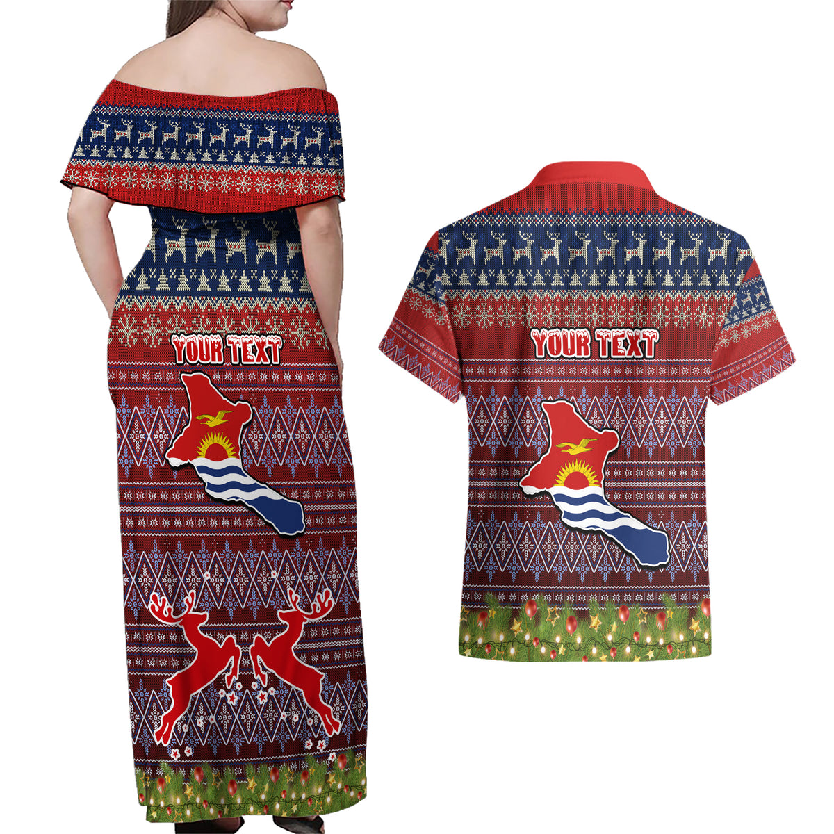 personalised-kiribati-christmas-couples-matching-off-shoulder-maxi-dress-and-hawaiian-shirt-coat-of-arms-and-map-beautiful-merry-xmas-snowflake