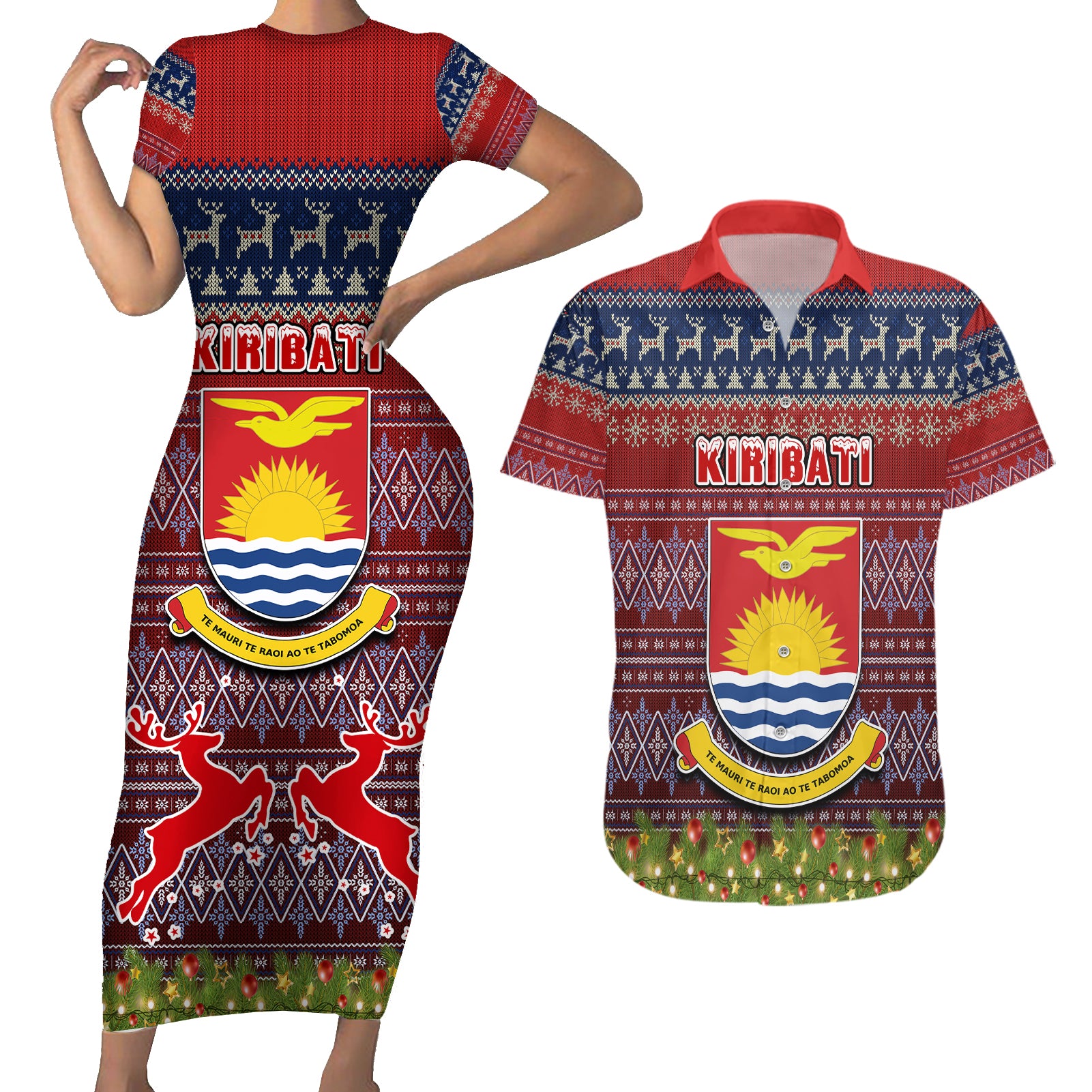 personalised-kiribati-christmas-couples-matching-short-sleeve-bodycon-dress-and-hawaiian-shirt-coat-of-arms-and-map-beautiful-merry-xmas-snowflake