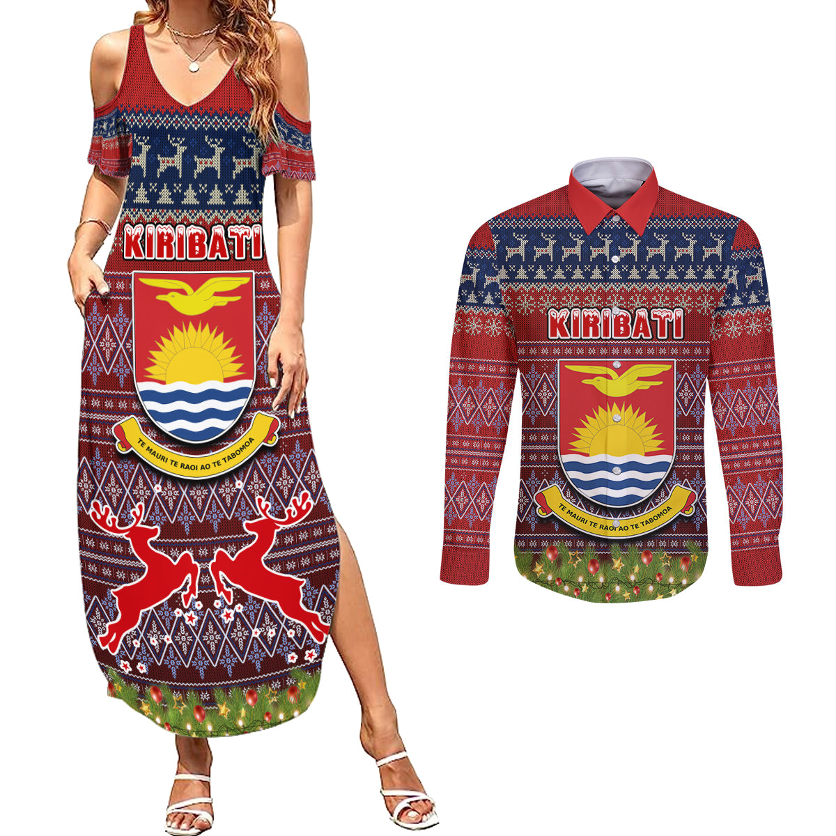 personalised-kiribati-christmas-couples-matching-summer-maxi-dress-and-long-sleeve-button-shirts-coat-of-arms-and-map-beautiful-merry-xmas-snowflake