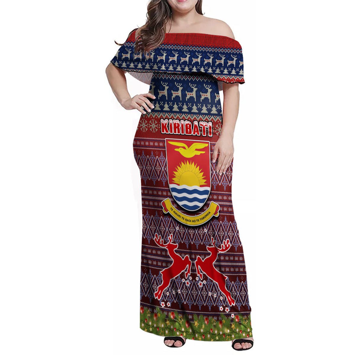 personalised-kiribati-christmas-family-matching-off-shoulder-maxi-dress-and-hawaiian-shirt-coat-of-arms-and-map-beautiful-merry-xmas-snowflake
