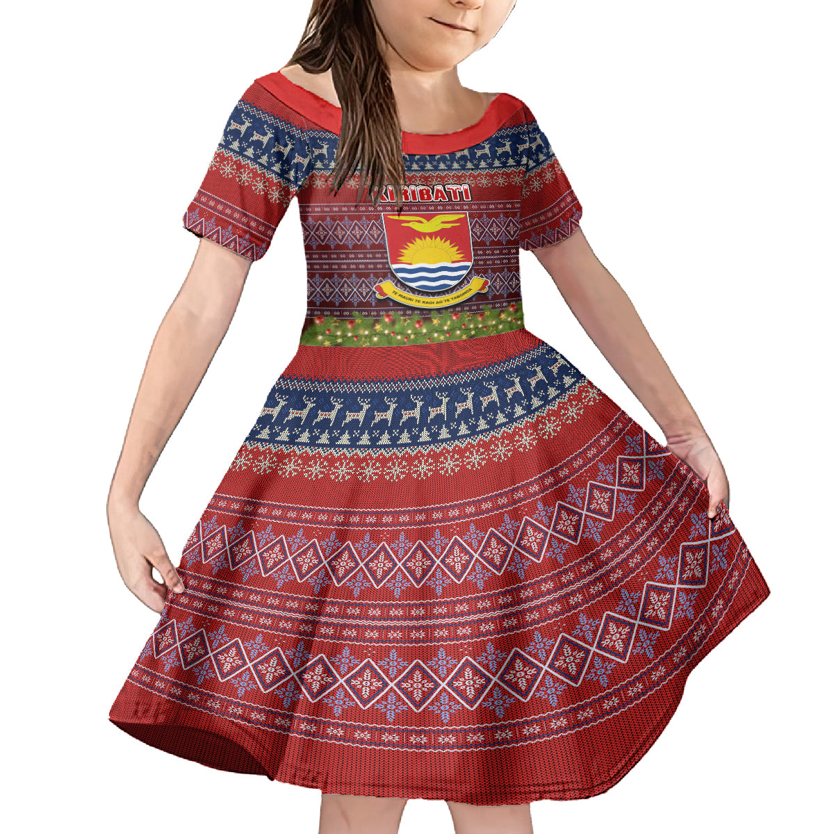 Personalised Kiribati Christmas Family Matching Summer Maxi Dress and Hawaiian Shirt Coat of Arms and Map Beautiful Merry Xmas Snowflake LT03 Daughter's Dress Red - Polynesian Pride