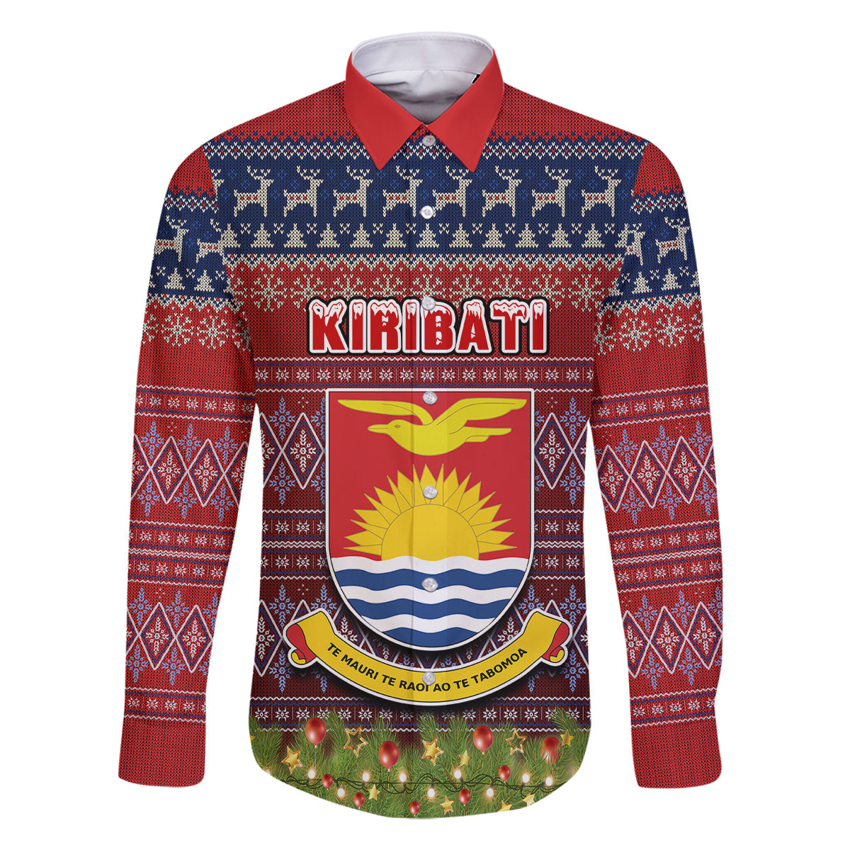 Personalised Kiribati Christmas Family Matching Summer Maxi Dress and Hawaiian Shirt Coat of Arms and Map Beautiful Merry Xmas Snowflake LT03 Dad's Shirt - Long Sleeve Red - Polynesian Pride