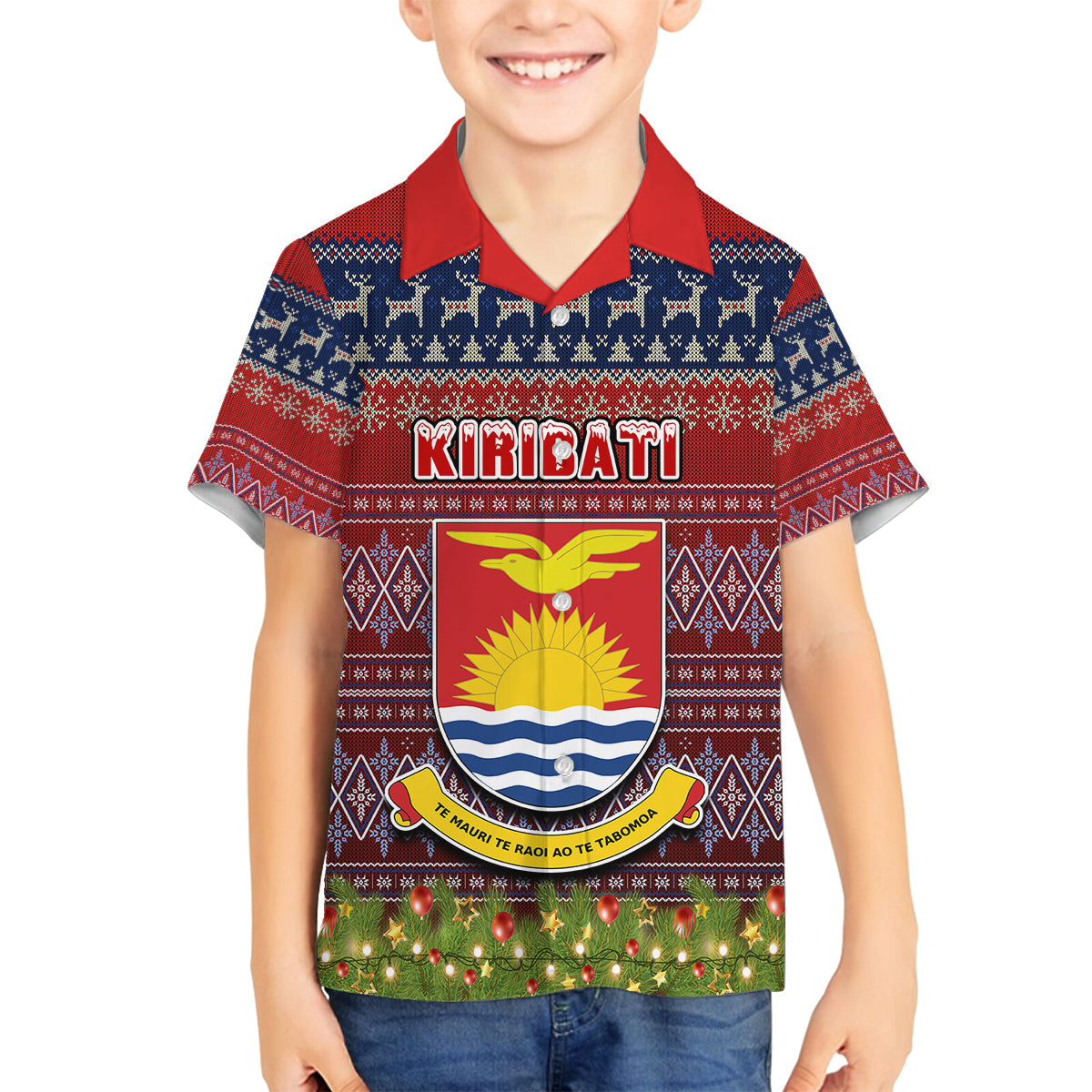 Personalised Kiribati Christmas Family Matching Summer Maxi Dress and Hawaiian Shirt Coat of Arms and Map Beautiful Merry Xmas Snowflake LT03 Son's Shirt Red - Polynesian Pride