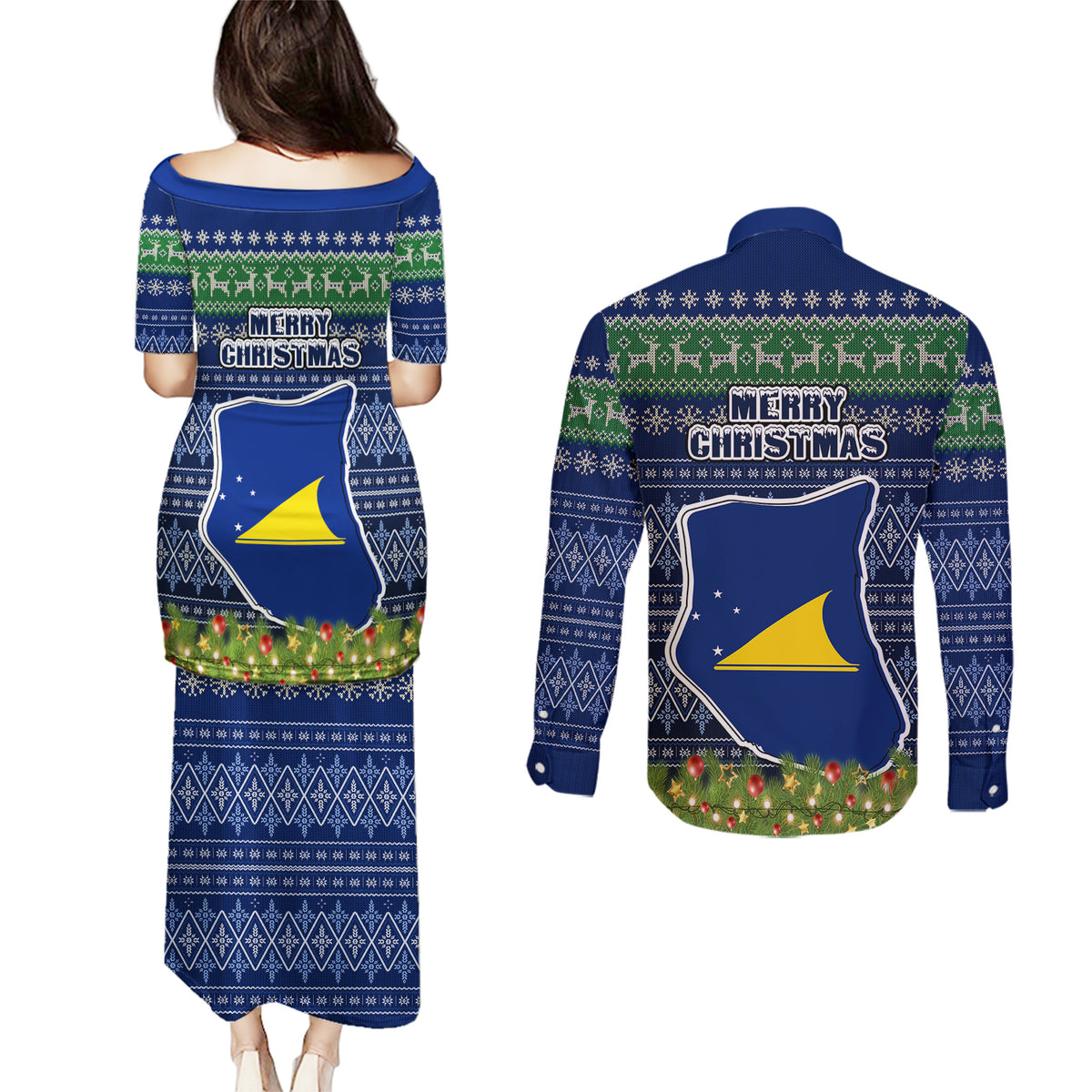 tokelau-christmas-couples-matching-puletasi-dress-and-long-sleeve-button-shirts-coat-of-arms-and-map-beautiful-merry-xmas-snowflake