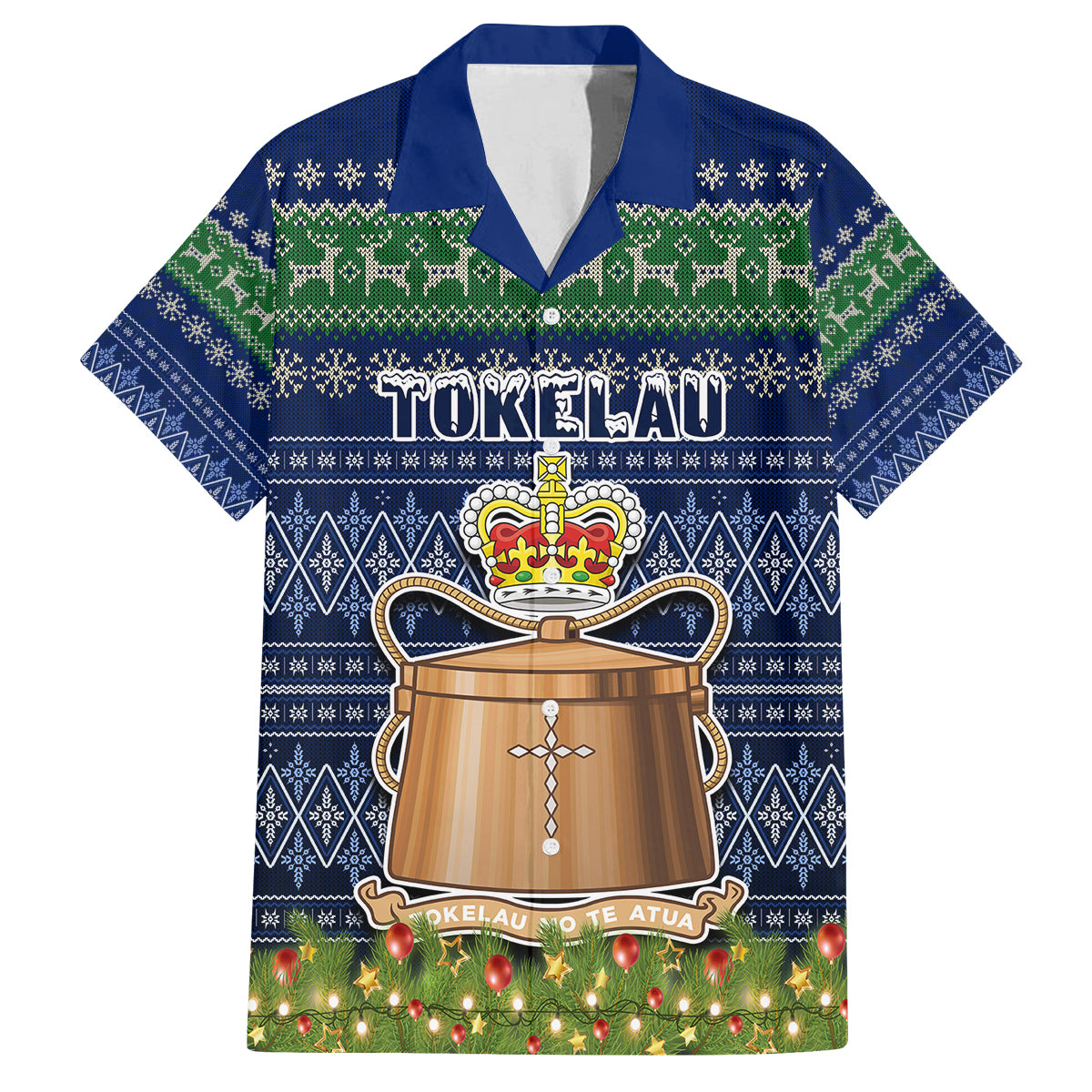 Tokelau Christmas Family Matching Puletasi Dress and Hawaiian Shirt Coat of Arms and Map Beautiful Merry Xmas Snowflake LT03 Dad's Shirt - Short Sleeve Blue - Polynesian Pride