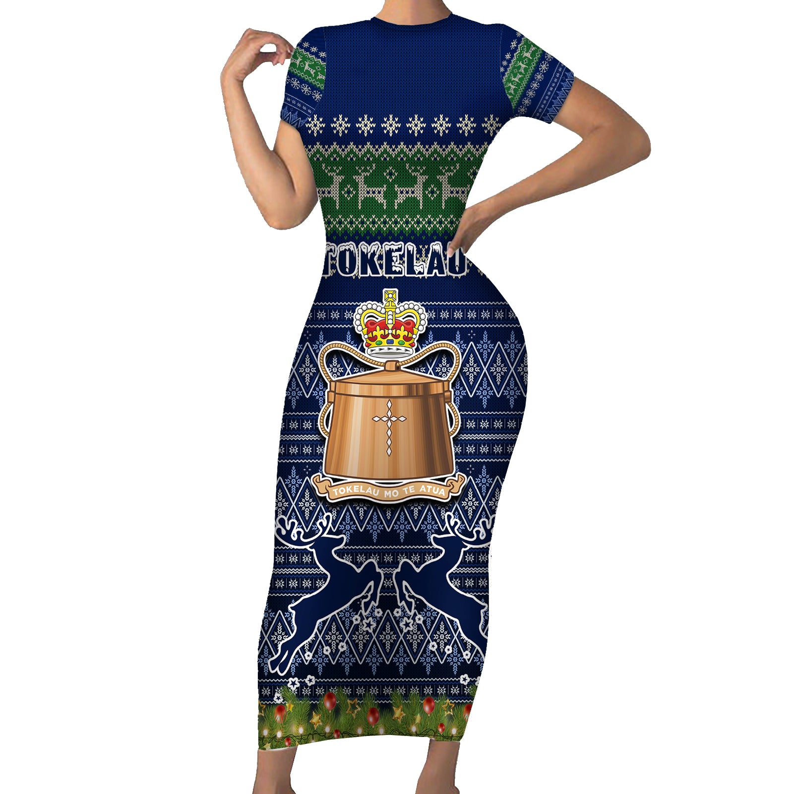 tokelau-christmas-short-sleeve-bodycon-dress-coat-of-arms-and-map-beautiful-merry-xmas-snowflake