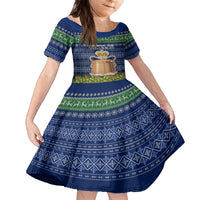Personalised Tokelau Christmas Family Matching Summer Maxi Dress and Hawaiian Shirt Coat of Arms and Map Beautiful Merry Xmas Snowflake LT03 Daughter's Dress Blue - Polynesian Pride