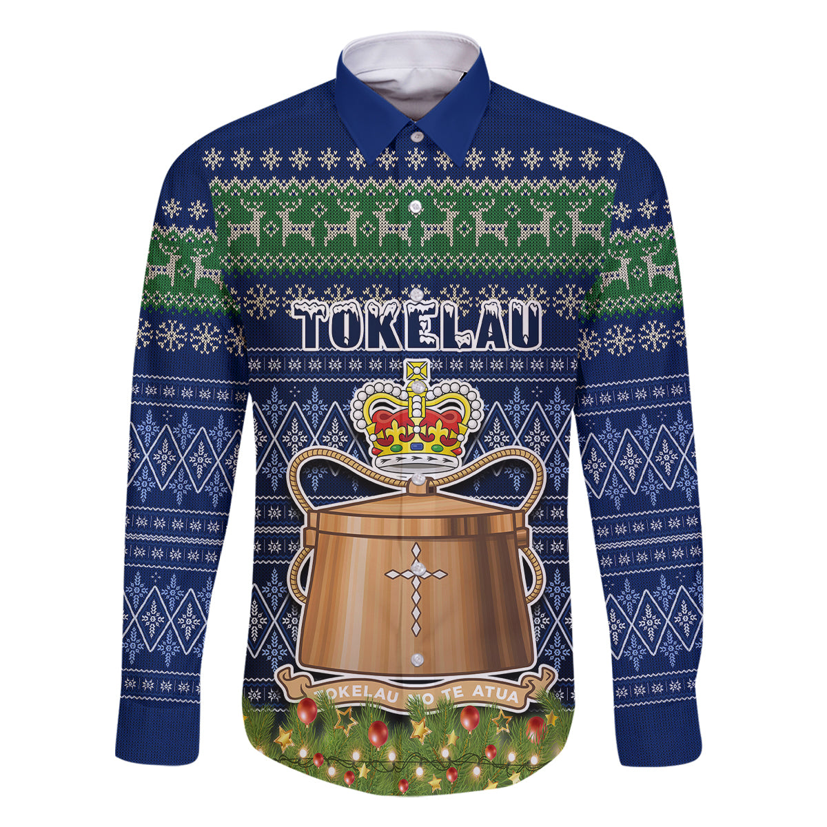 Personalised Tokelau Christmas Family Matching Summer Maxi Dress and Hawaiian Shirt Coat of Arms and Map Beautiful Merry Xmas Snowflake LT03 Dad's Shirt - Long Sleeve Blue - Polynesian Pride