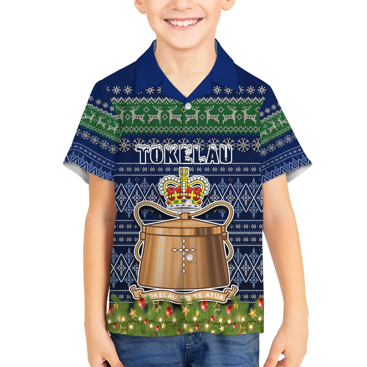 Personalised Tokelau Christmas Family Matching Summer Maxi Dress and Hawaiian Shirt Coat of Arms and Map Beautiful Merry Xmas Snowflake LT03 Son's Shirt Blue - Polynesian Pride