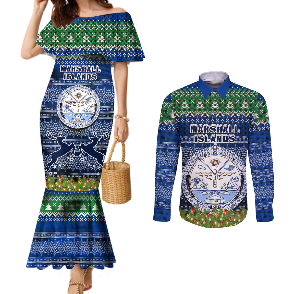 marshall-islands-christmas-couples-matching-mermaid-dress-and-long-sleeve-button-shirts-coat-of-arms-and-map-beautiful-merry-xmas-snowflake