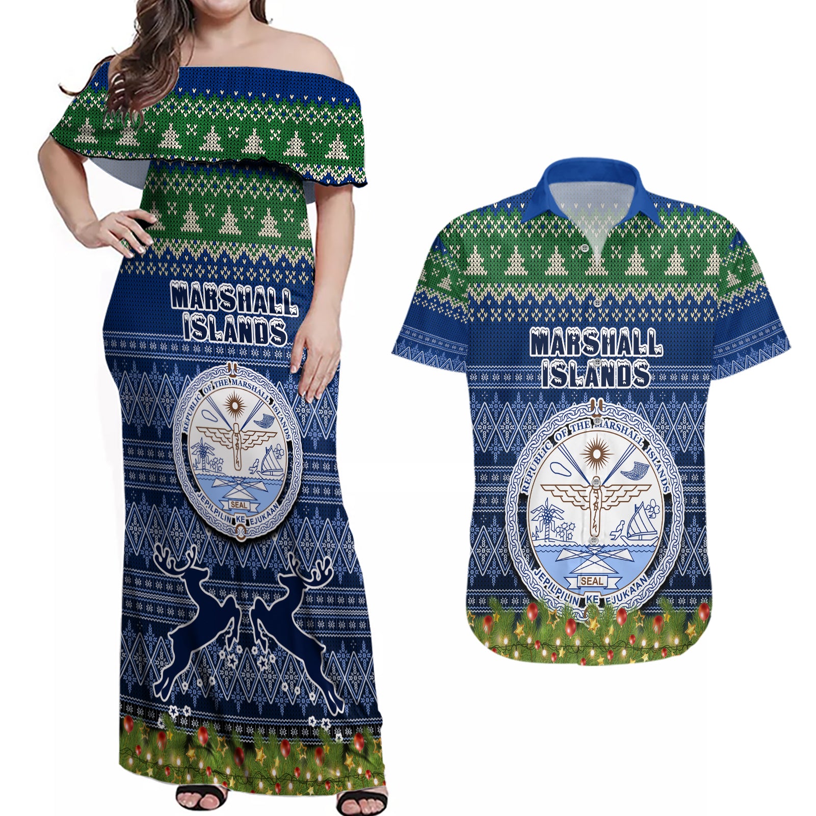 marshall-islands-christmas-couples-matching-off-shoulder-maxi-dress-and-hawaiian-shirt-coat-of-arms-and-map-beautiful-merry-xmas-snowflake