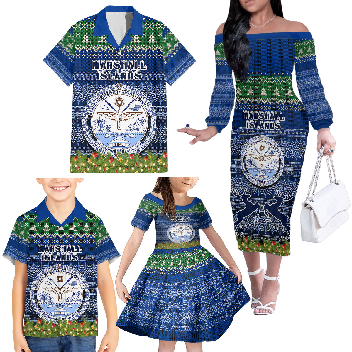 marshall-islands-christmas-family-matching-off-shoulder-long-sleeve-dress-and-hawaiian-shirt-coat-of-arms-and-map-beautiful-merry-xmas-snowflake