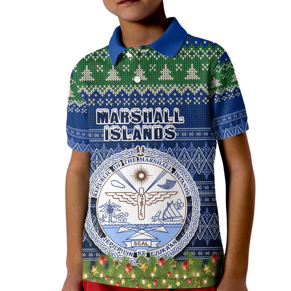 Marshall Islands Christmas Kid Polo Shirt Coat of Arms and Map Beautiful Merry Xmas Snowflake LT03 Kid Blue - Polynesian Pride