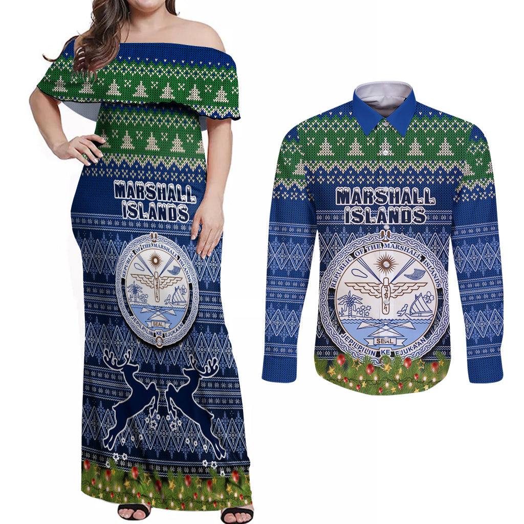 Personalised Marshall Islands Christmas Couples Matching Off Shoulder Maxi Dress and Long Sleeve Button Shirts Coat of Arms and Map Beautiful Merry Xmas Snowflake LT03 Blue - Polynesian Pride