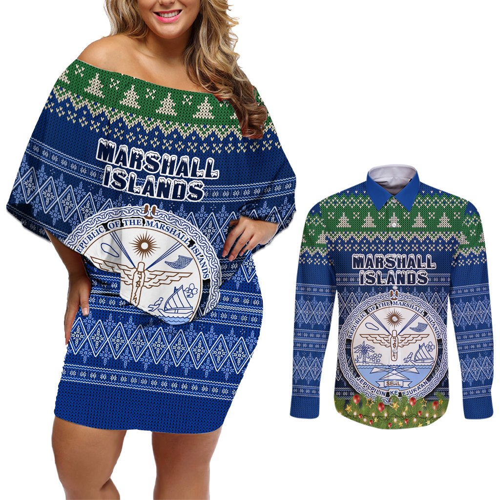 Personalised Marshall Islands Christmas Couples Matching Off Shoulder Short Dress and Long Sleeve Button Shirts Coat of Arms and Map Beautiful Merry Xmas Snowflake LT03 Blue - Polynesian Pride