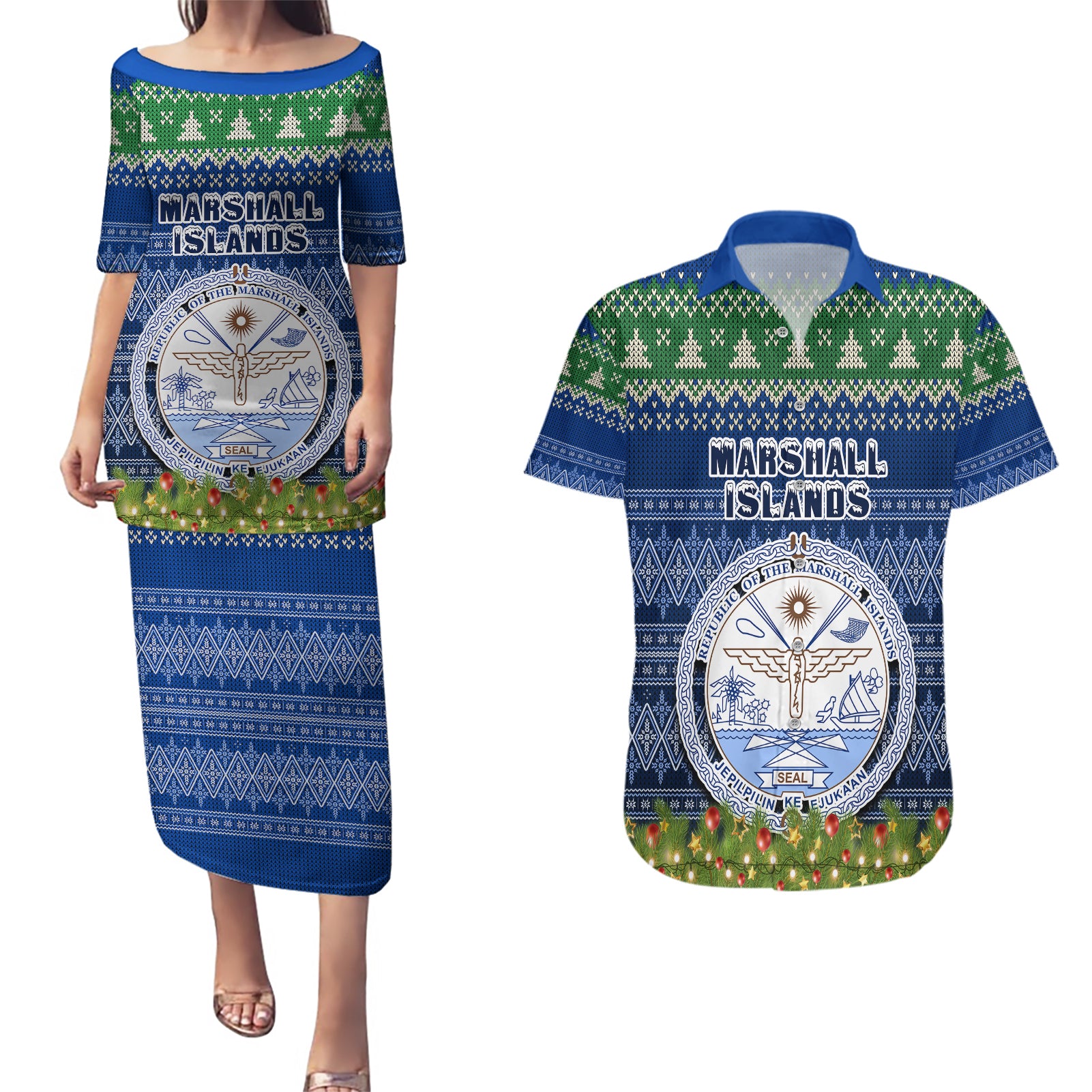 personalised-marshall-islands-christmas-couples-matching-puletasi-dress-and-hawaiian-shirt-coat-of-arms-and-map-beautiful-merry-xmas-snowflake