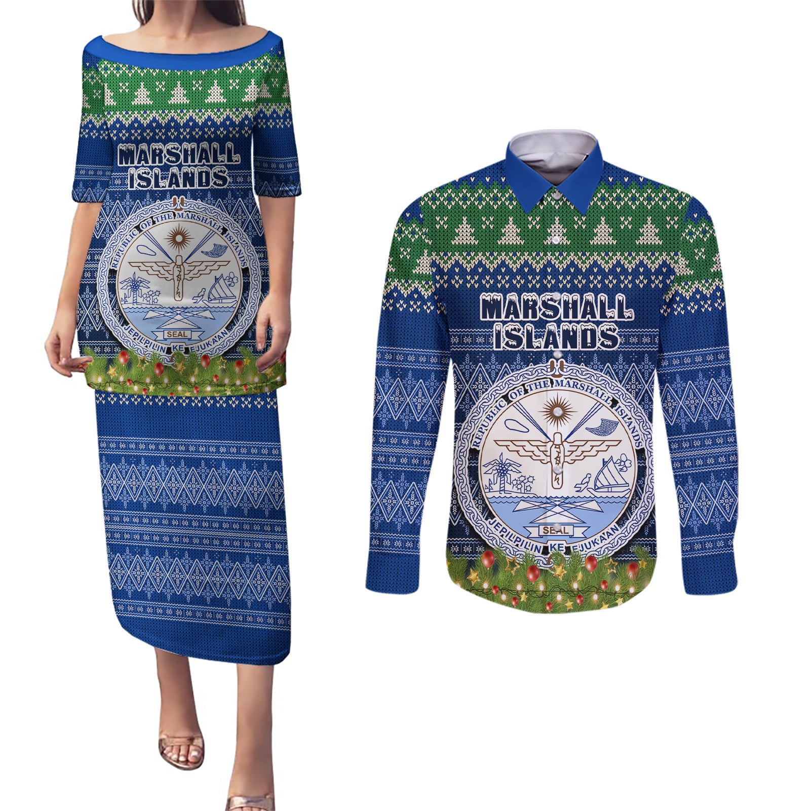 personalised-marshall-islands-christmas-couples-matching-puletasi-dress-and-long-sleeve-button-shirts-coat-of-arms-and-map-beautiful-merry-xmas-snowflake