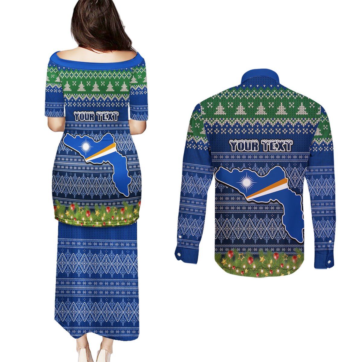 personalised-marshall-islands-christmas-couples-matching-puletasi-dress-and-long-sleeve-button-shirts-coat-of-arms-and-map-beautiful-merry-xmas-snowflake