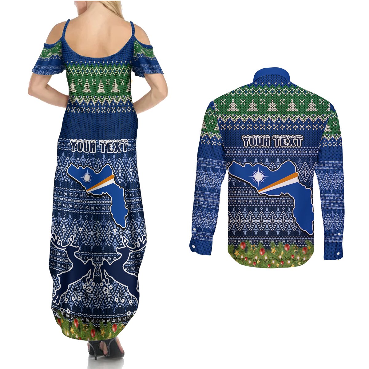 Personalised Marshall Islands Christmas Couples Matching Summer Maxi Dress and Long Sleeve Button Shirts Coat of Arms and Map Beautiful Merry Xmas Snowflake LT03 - Polynesian Pride
