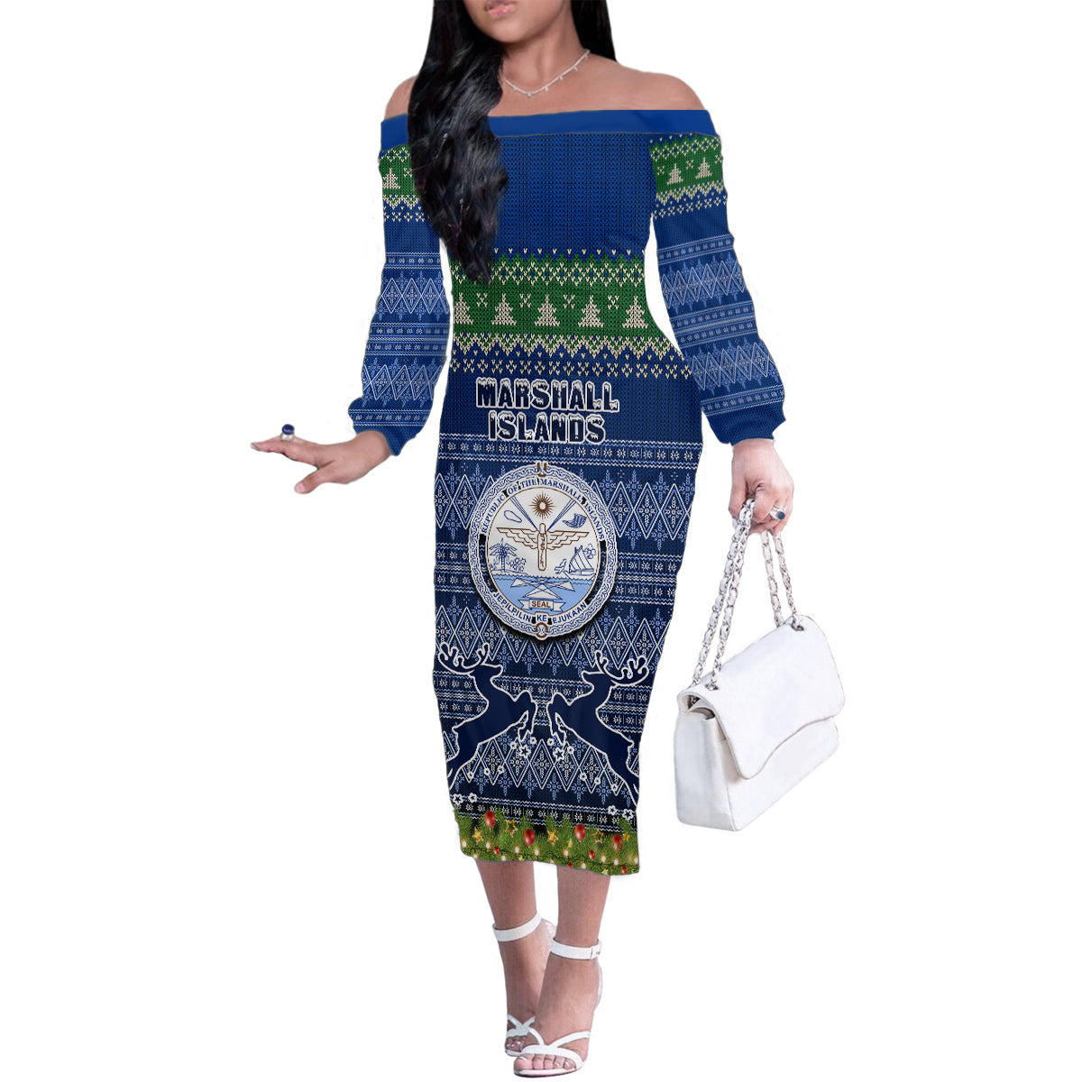 personalised-marshall-islands-christmas-family-matching-off-shoulder-long-sleeve-dress-and-hawaiian-shirt-coat-of-arms-and-map-beautiful-merry-xmas-snowflake