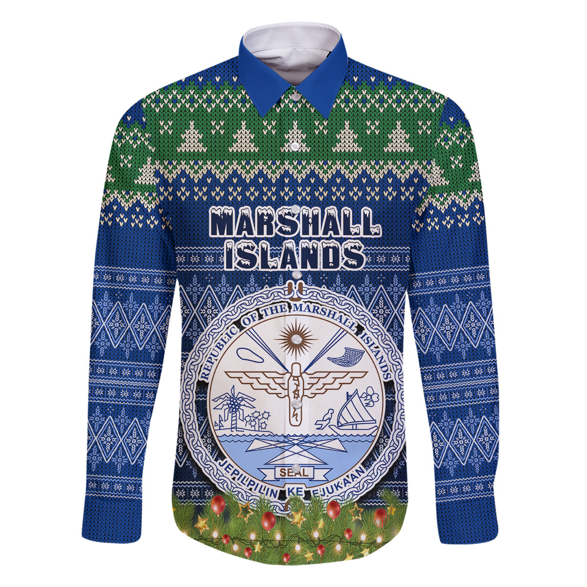 Personalised Marshall Islands Christmas Family Matching Summer Maxi Dress and Hawaiian Shirt Coat of Arms and Map Beautiful Merry Xmas Snowflake LT03 Dad's Shirt - Long Sleeve Blue - Polynesian Pride