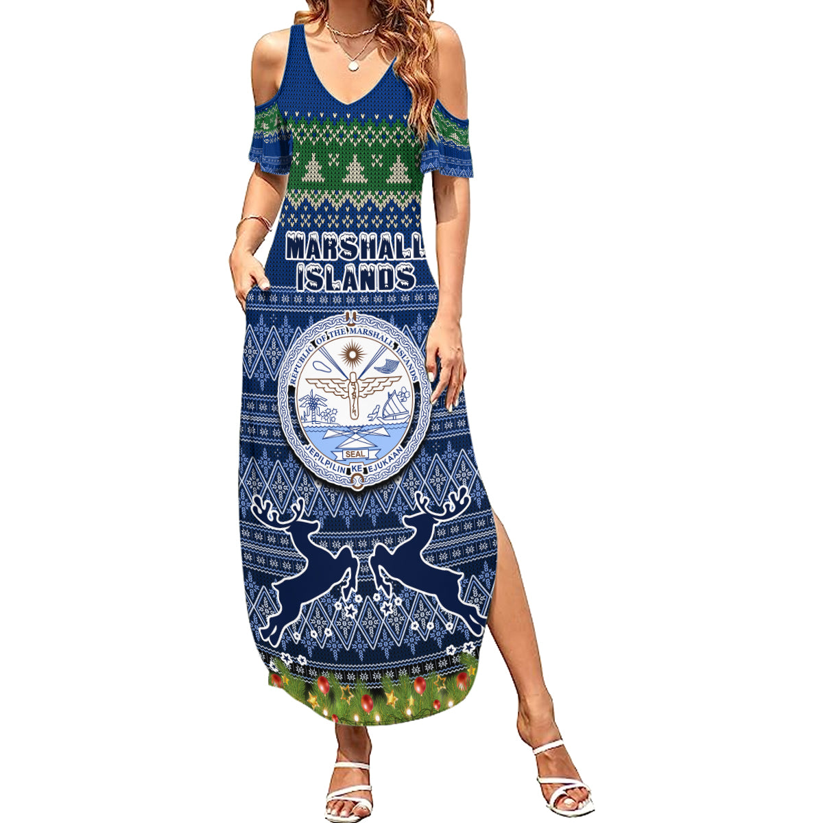Personalised Marshall Islands Christmas Family Matching Summer Maxi Dress and Hawaiian Shirt Coat of Arms and Map Beautiful Merry Xmas Snowflake LT03 Mom's Dress Blue - Polynesian Pride