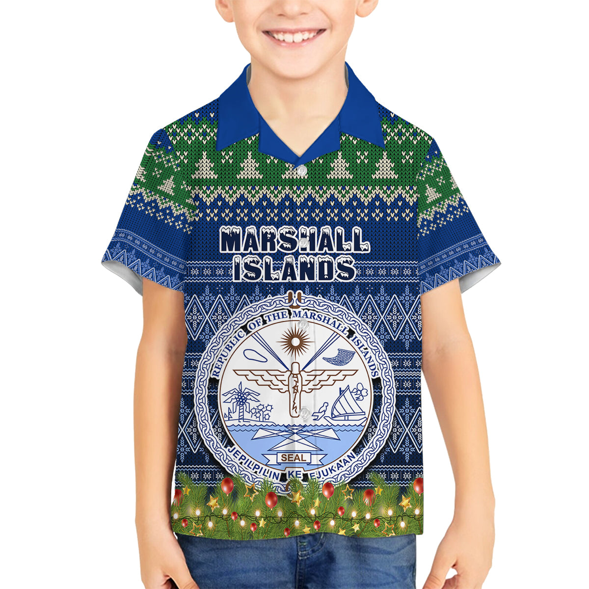 Personalised Marshall Islands Christmas Family Matching Summer Maxi Dress and Hawaiian Shirt Coat of Arms and Map Beautiful Merry Xmas Snowflake LT03 Son's Shirt Blue - Polynesian Pride