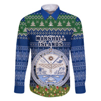 Personalised Marshall Islands Christmas Family Matching Tank Maxi Dress and Hawaiian Shirt Coat of Arms and Map Beautiful Merry Xmas Snowflake LT03 Dad's Shirt - Long Sleeve Blue - Polynesian Pride