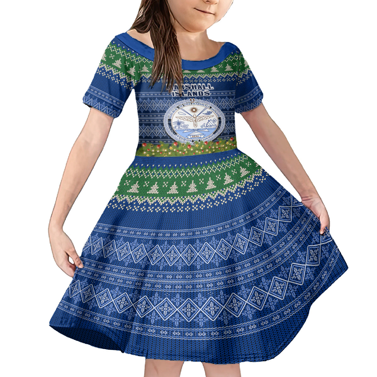 Personalised Marshall Islands Christmas Kid Short Sleeve Dress Coat of Arms and Map Beautiful Merry Xmas Snowflake LT03 KID Blue - Polynesian Pride