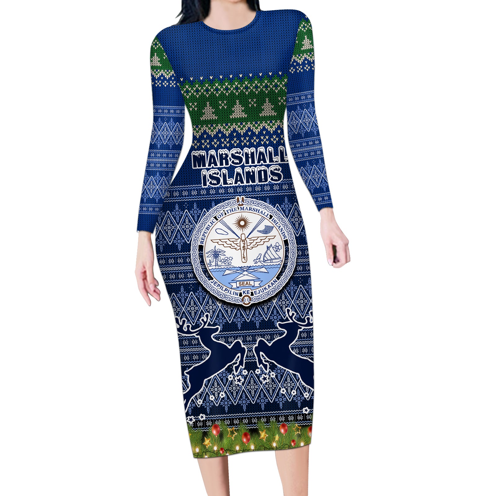 personalised-marshall-islands-christmas-long-sleeve-bodycon-dress-coat-of-arms-and-map-beautiful-merry-xmas-snowflake