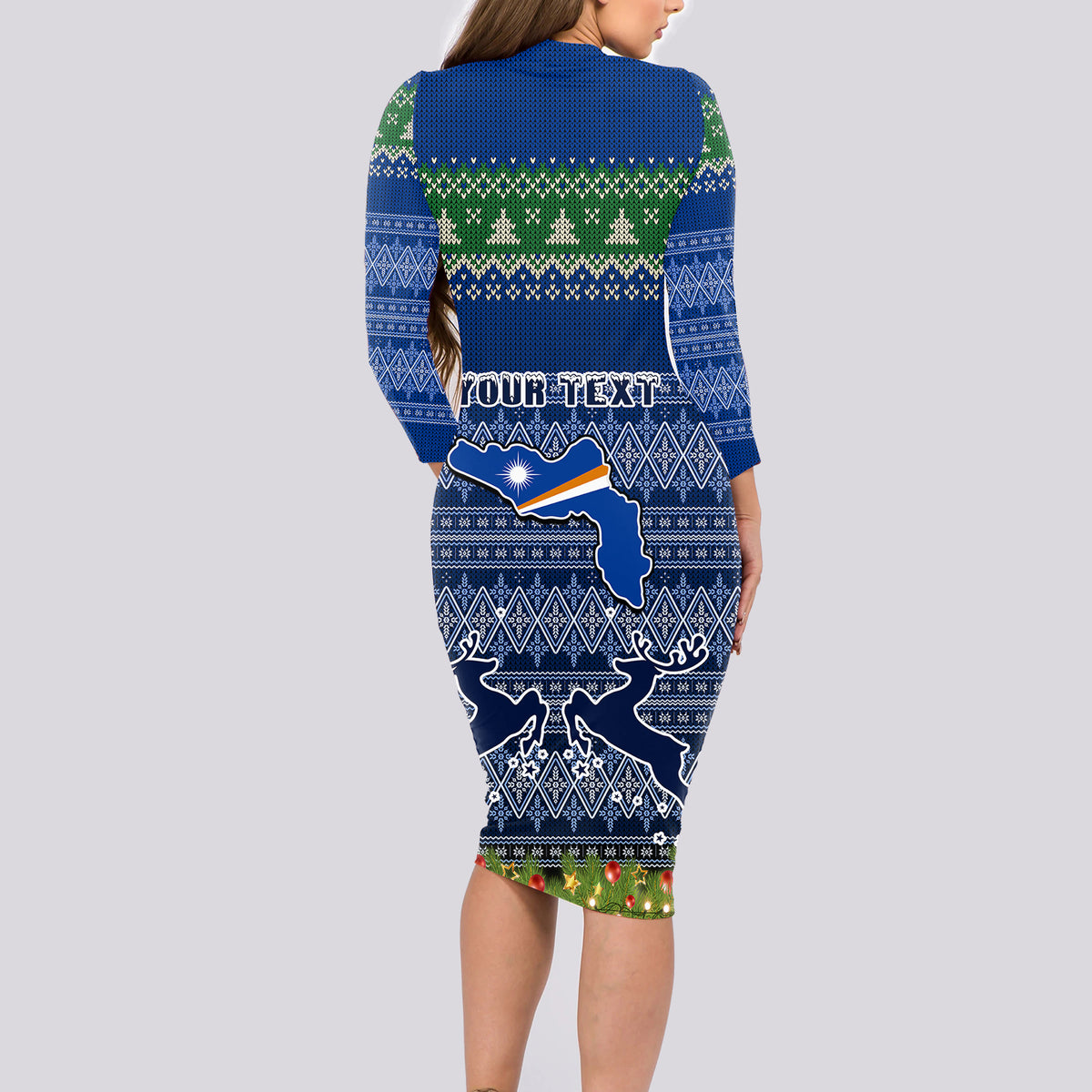 Personalised Marshall Islands Christmas Long Sleeve Bodycon Dress Coat of Arms and Map Beautiful Merry Xmas Snowflake LT03 - Polynesian Pride