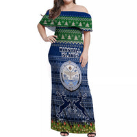 Personalised Marshall Islands Christmas Off Shoulder Maxi Dress Coat of Arms and Map Beautiful Merry Xmas Snowflake LT03 Women Blue - Polynesian Pride