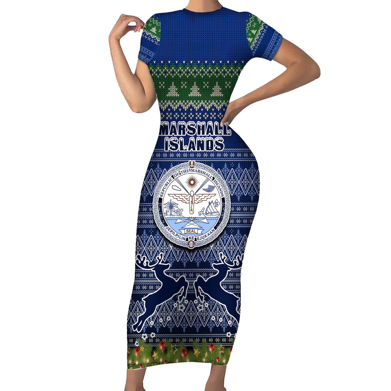 personalised-marshall-islands-christmas-short-sleeve-bodycon-dress-coat-of-arms-and-map-beautiful-merry-xmas-snowflake