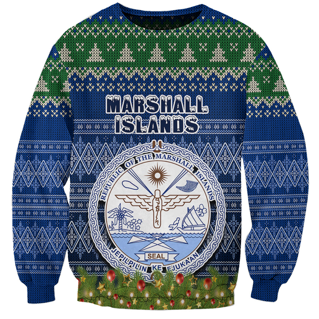 Personalised Marshall Islands Christmas Sweatshirt Coat of Arms and Map Beautiful Merry Xmas Snowflake LT03 Unisex Blue - Polynesian Pride