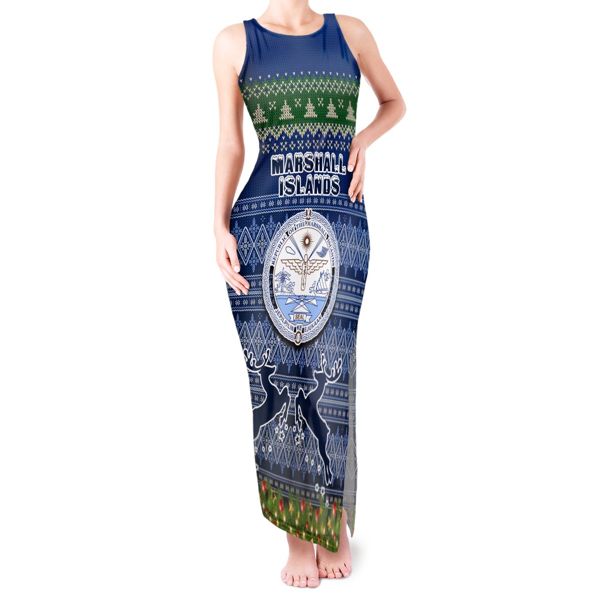 Personalised Marshall Islands Christmas Tank Maxi Dress Coat of Arms and Map Beautiful Merry Xmas Snowflake LT03 Women Blue - Polynesian Pride