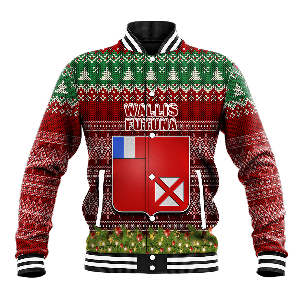 Personalised Wallis and Futuna Christmas Baseball Jacket Coat of Arms and Map Beautiful Merry Xmas Snowflake LT03 Unisex Red - Polynesian Pride