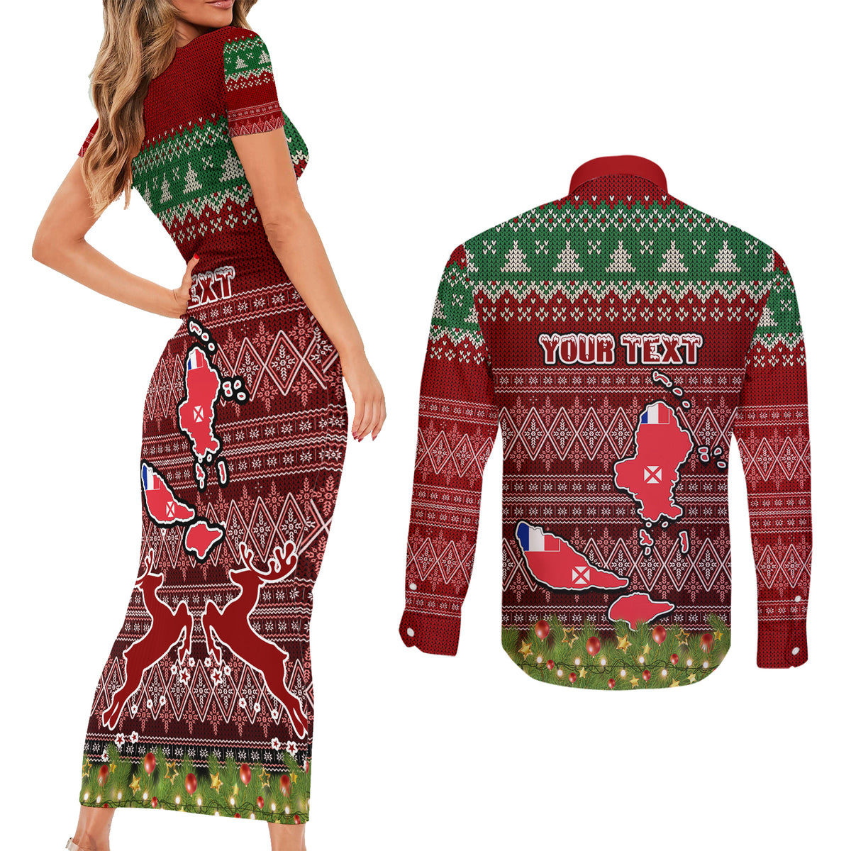 Personalised Wallis and Futuna Christmas Couples Matching Short Sleeve Bodycon Dress and Long Sleeve Button Shirts Coat of Arms and Map Beautiful Merry Xmas Snowflake LT03 - Polynesian Pride
