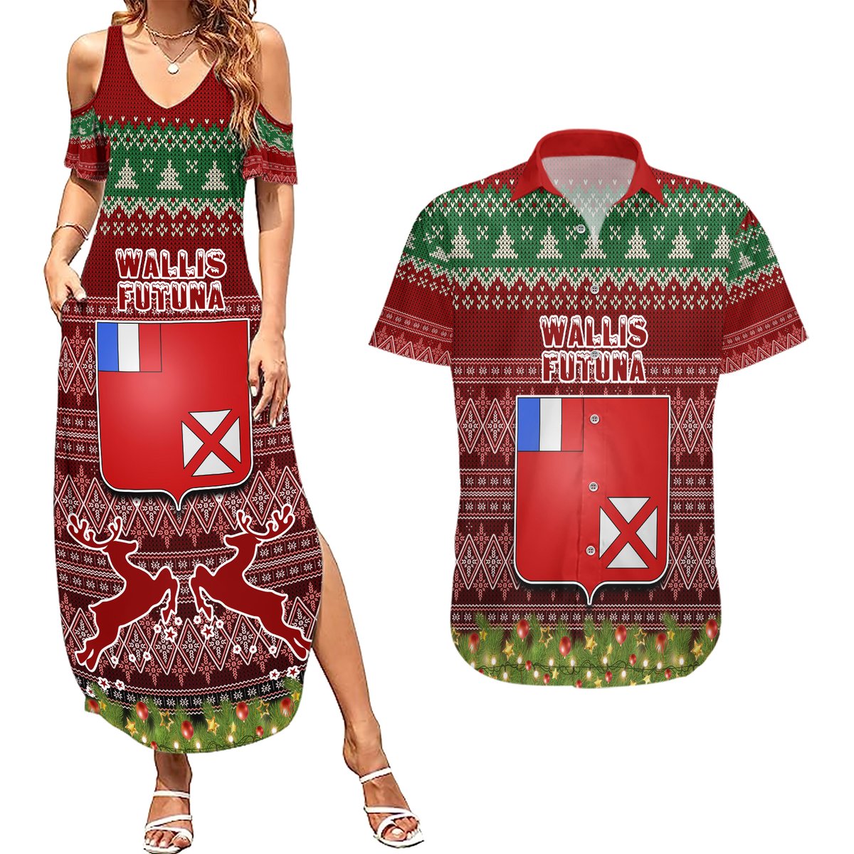 Personalised Wallis and Futuna Christmas Couples Matching Summer Maxi Dress and Hawaiian Shirt Coat of Arms and Map Beautiful Merry Xmas Snowflake LT03 Red - Polynesian Pride
