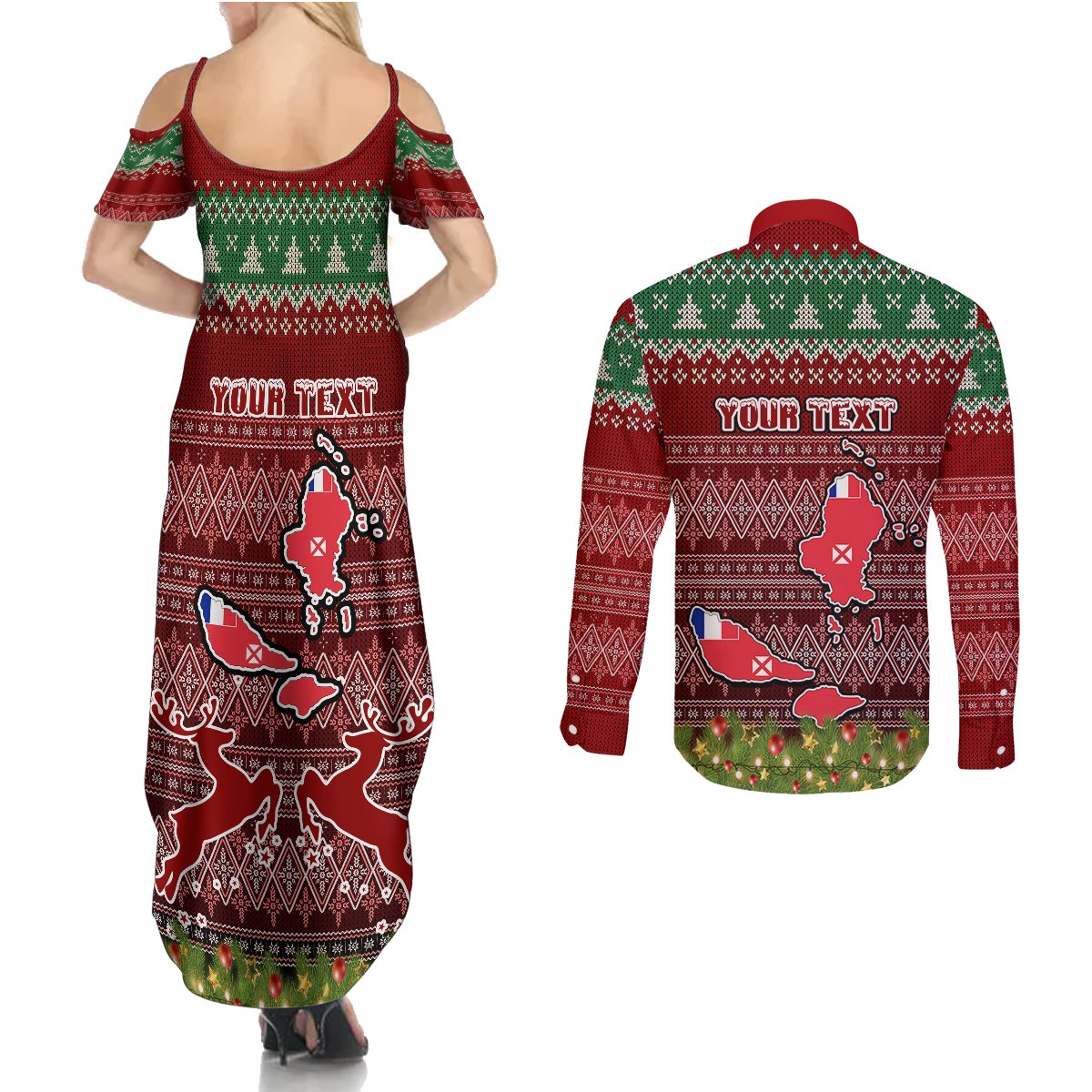 personalised-wallis-and-futuna-christmas-couples-matching-summer-maxi-dress-and-long-sleeve-button-shirts-coat-of-arms-and-map-beautiful-merry-xmas-snowflake