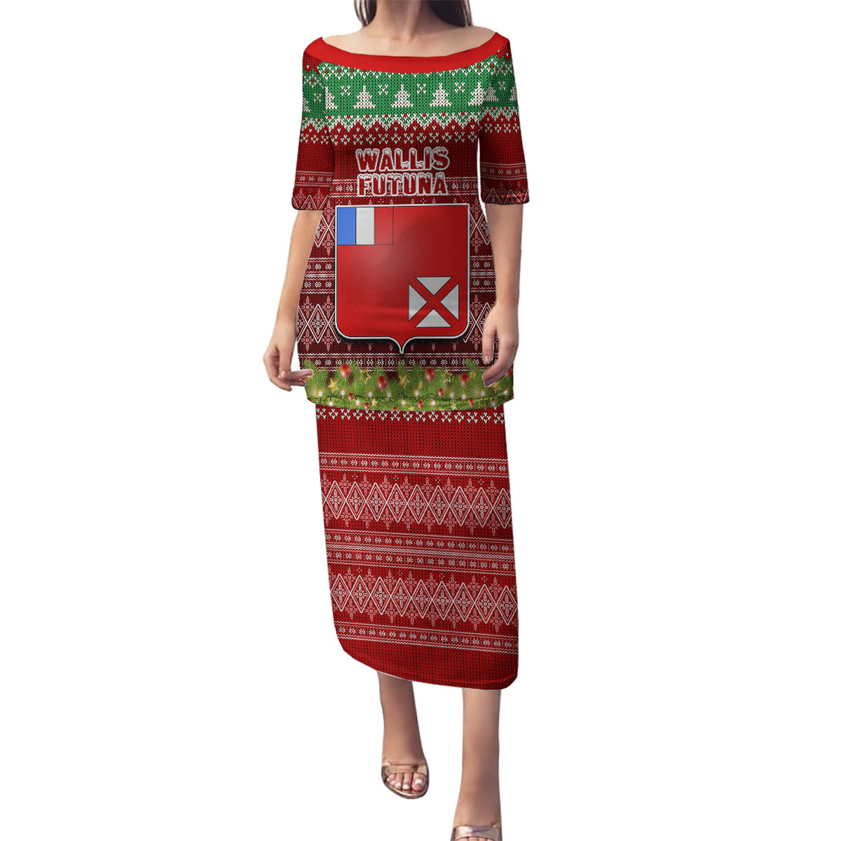 Personalised Wallis and Futuna Christmas Family Matching Puletasi Dress and Hawaiian Shirt Coat of Arms and Map Beautiful Merry Xmas Snowflake LT03 Mom's Dress Red - Polynesian Pride