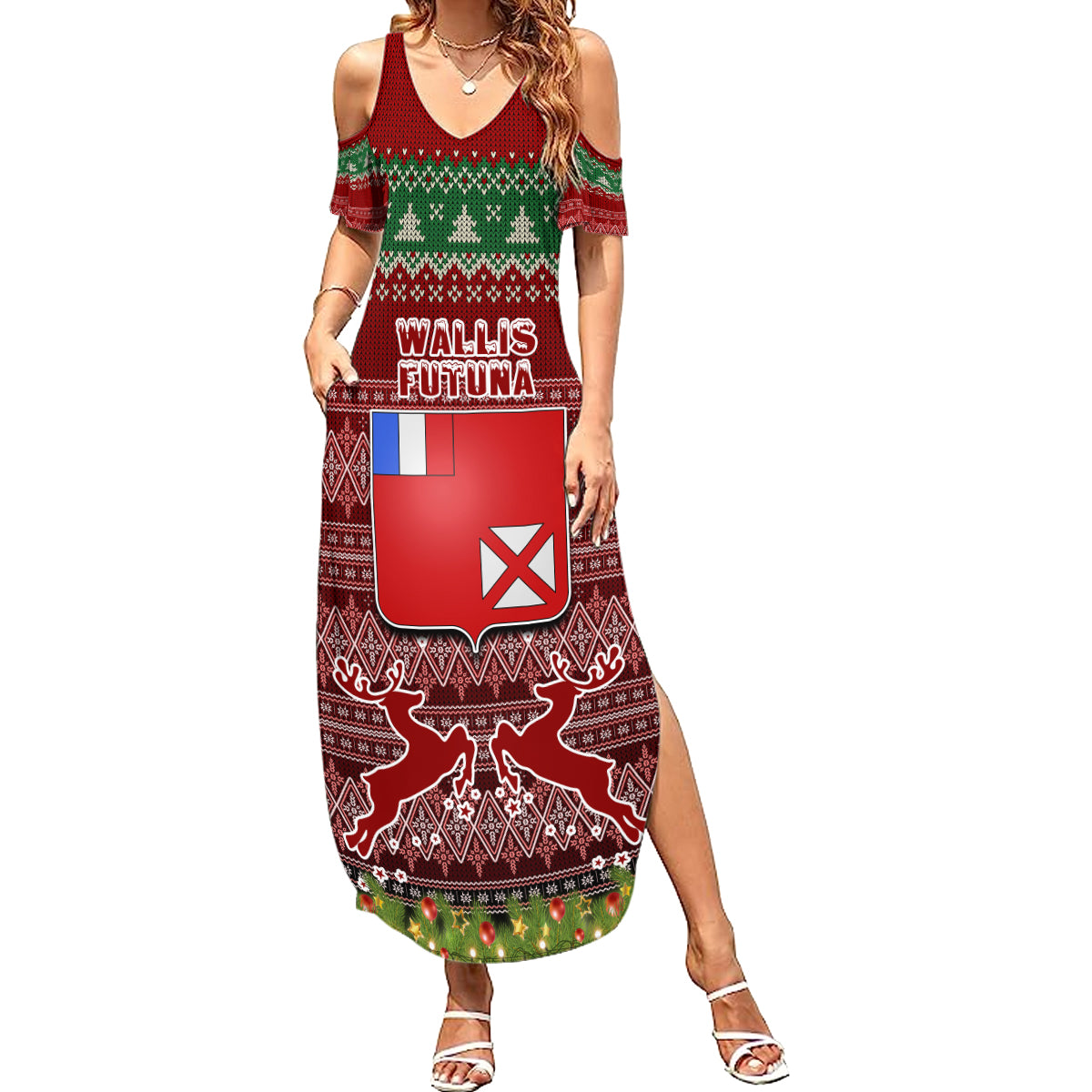 Personalised Wallis and Futuna Christmas Family Matching Summer Maxi Dress and Hawaiian Shirt Coat of Arms and Map Beautiful Merry Xmas Snowflake LT03 Mom's Dress Red - Polynesian Pride