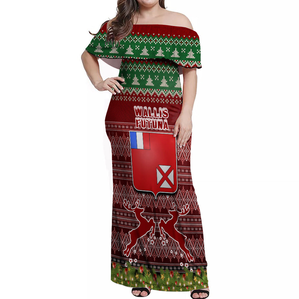 Personalised Wallis and Futuna Christmas Off Shoulder Maxi Dress Coat of Arms and Map Beautiful Merry Xmas Snowflake LT03 Women Red - Polynesian Pride