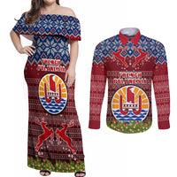 Personalised French Polynesia Christmas Couples Matching Off Shoulder Maxi Dress and Long Sleeve Button Shirts Coat of Arms and Map Beautiful Merry Xmas Snowflake LT03 Red - Polynesian Pride