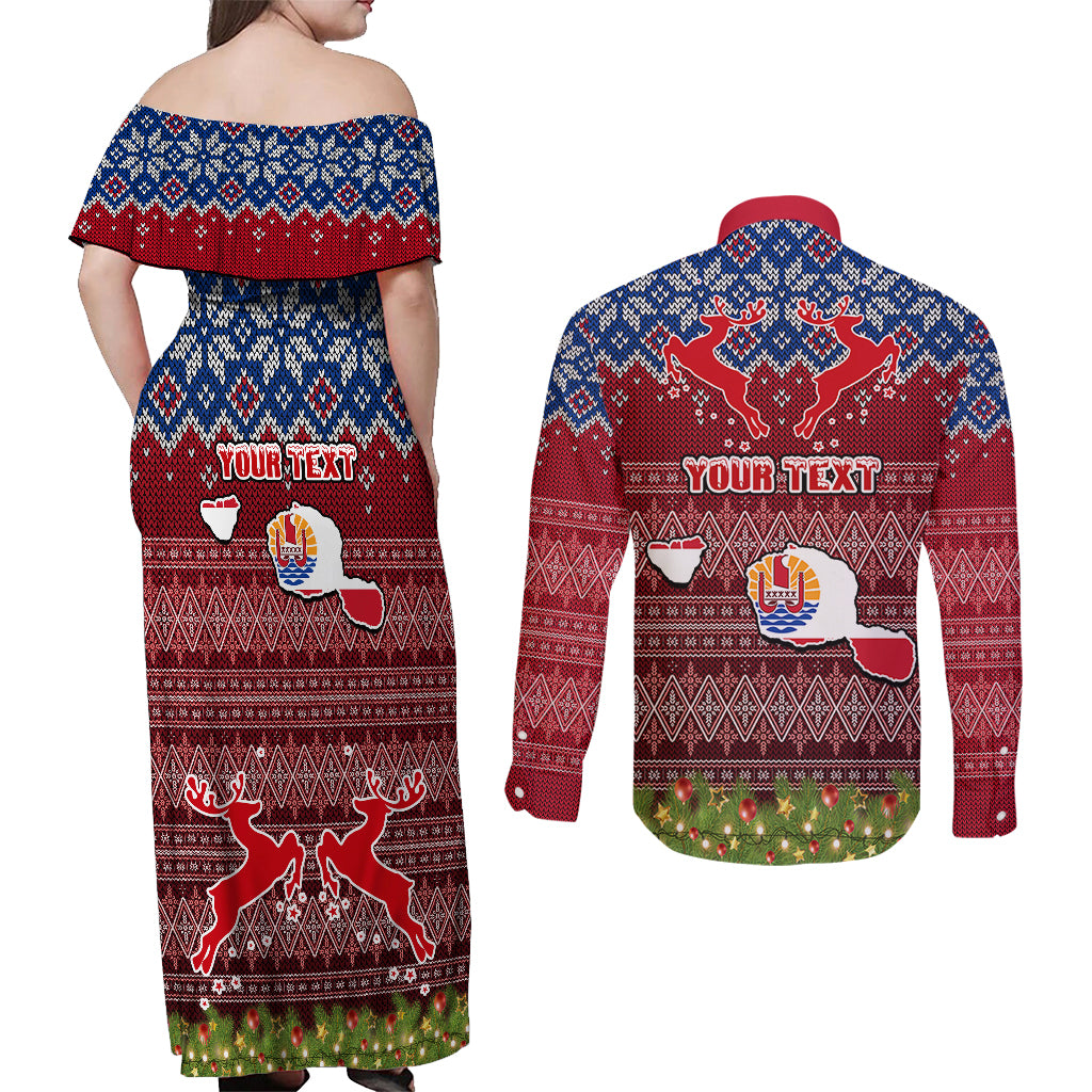 Personalised French Polynesia Christmas Couples Matching Off Shoulder Maxi Dress and Long Sleeve Button Shirts Coat of Arms and Map Beautiful Merry Xmas Snowflake LT03 - Polynesian Pride