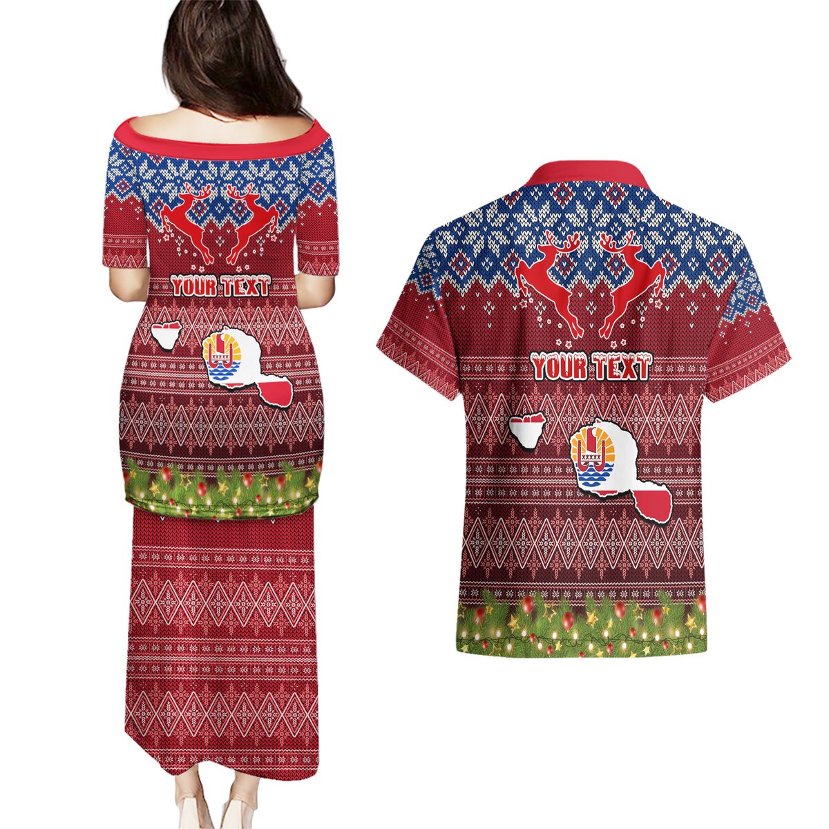 Personalised French Polynesia Christmas Couples Matching Puletasi Dress and Hawaiian Shirt Coat of Arms and Map Beautiful Merry Xmas Snowflake LT03 - Polynesian Pride