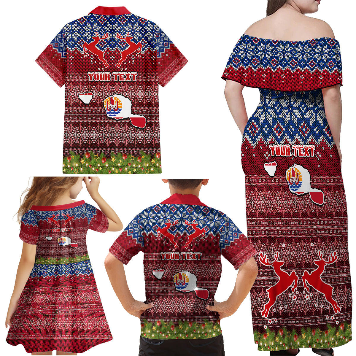 personalised-french-polynesia-christmas-family-matching-off-shoulder-maxi-dress-and-hawaiian-shirt-coat-of-arms-and-map-beautiful-merry-xmas-snowflake